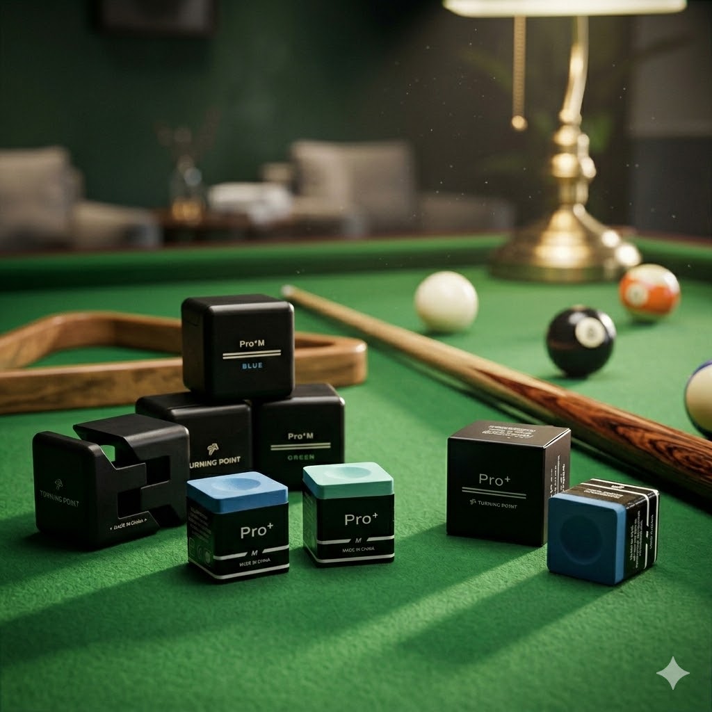 Multiple blue and green cue-chalk blocks and holders arranged on a green billiards table with a cue in the background