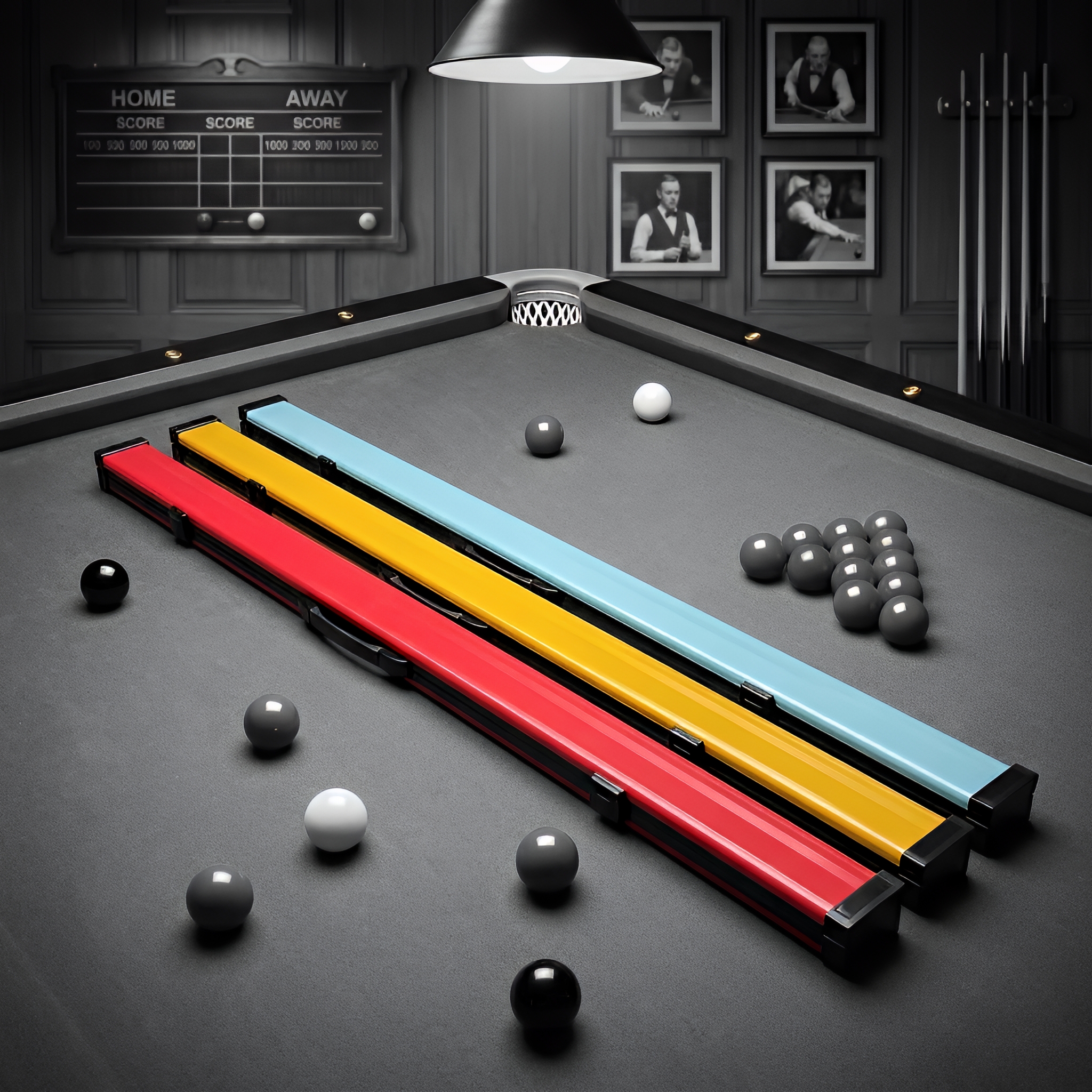 Open cue cases and cue bags displayed as real billiards accessories