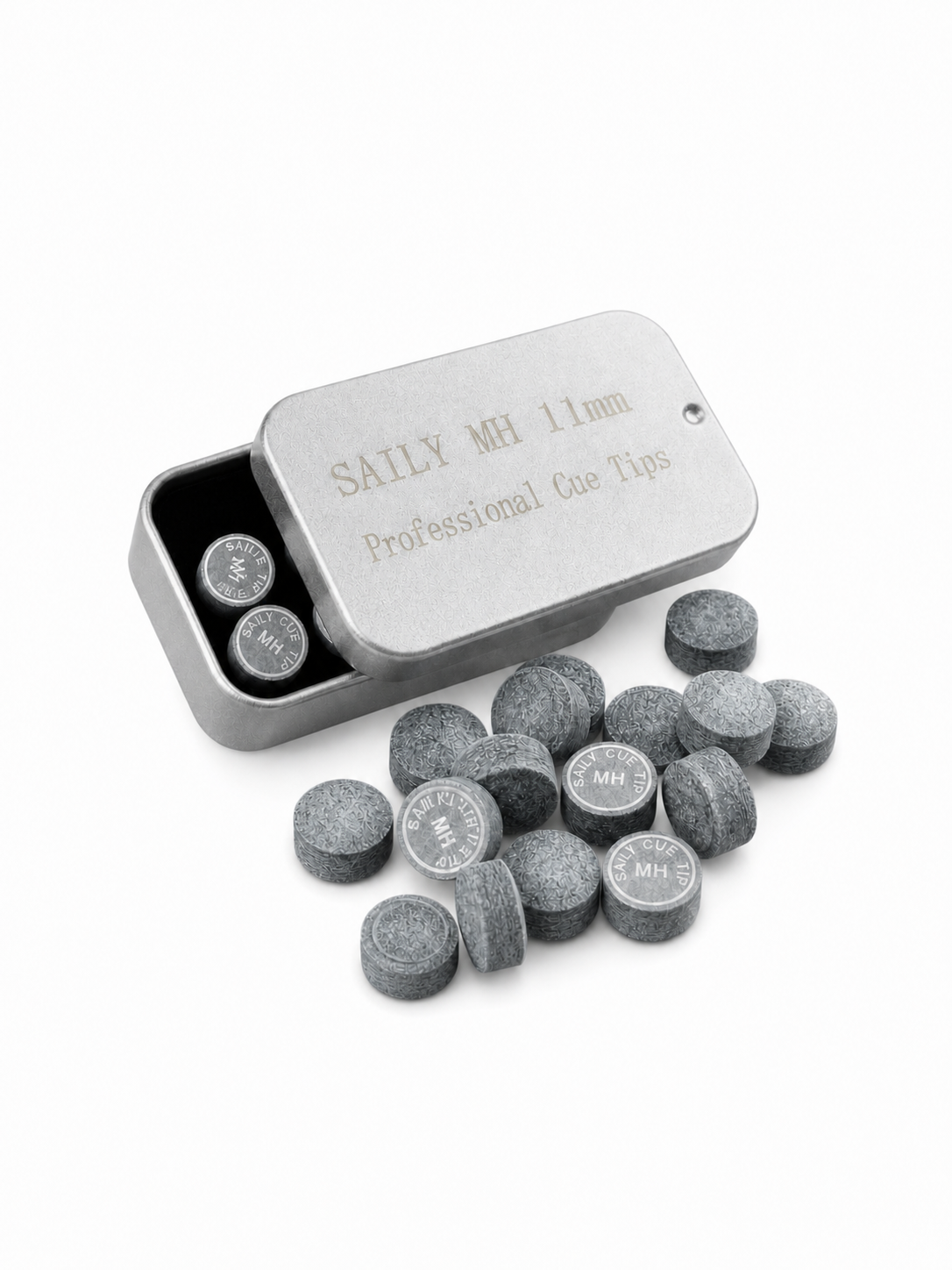 Real SAILY CUE leather cue tips beside their metal storage tin
